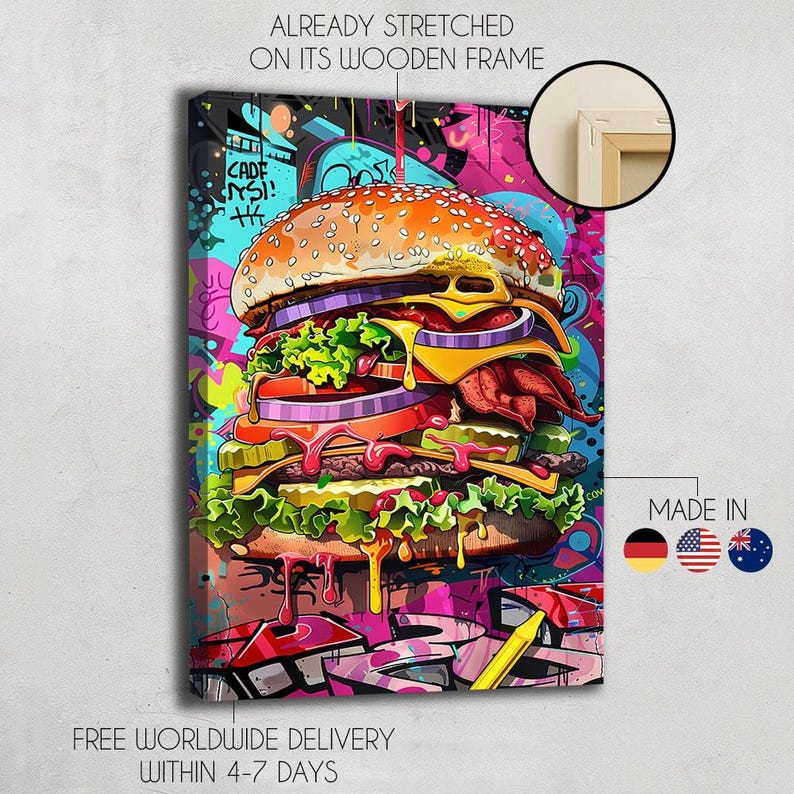 Food Wall Art Print, Kitchen Art Print Food, Pop Culture Wall Art, Burger Art Print, Graffiti Pop Art Print, Street Art Painting