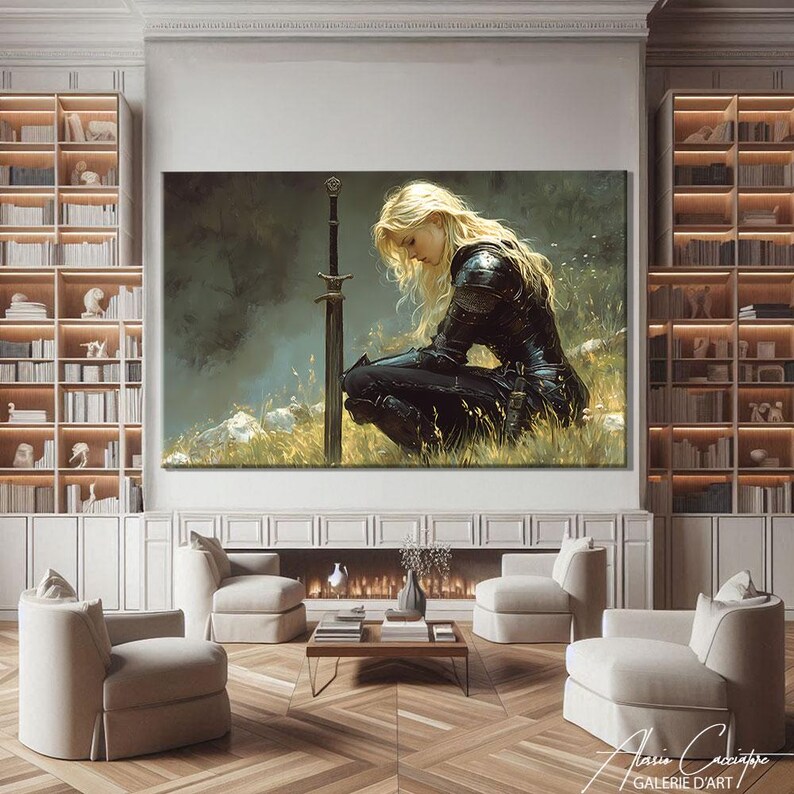 This female knight wall art portrays a powerful warrior woman in a moment of quiet reflection, kneeling beside her sword. Blending strength and vulnerability, this fantasy canvas captures courage, resilience, and inner determination. With a moody atmosphere and cinematic lighting, this artwork creates an emotional and inspiring focal point, perfect for adding depth and character to any interior.