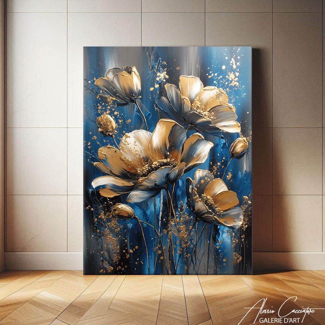 Blue Gold Wall Art Framed, Abstract Flower Art Prints, Large Navy Blue ...