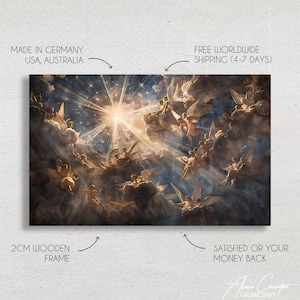 May include: A painting depicting a celestial scene with angels and a bright light shining from the centre. The painting is framed with a 2 cm wooden frame.