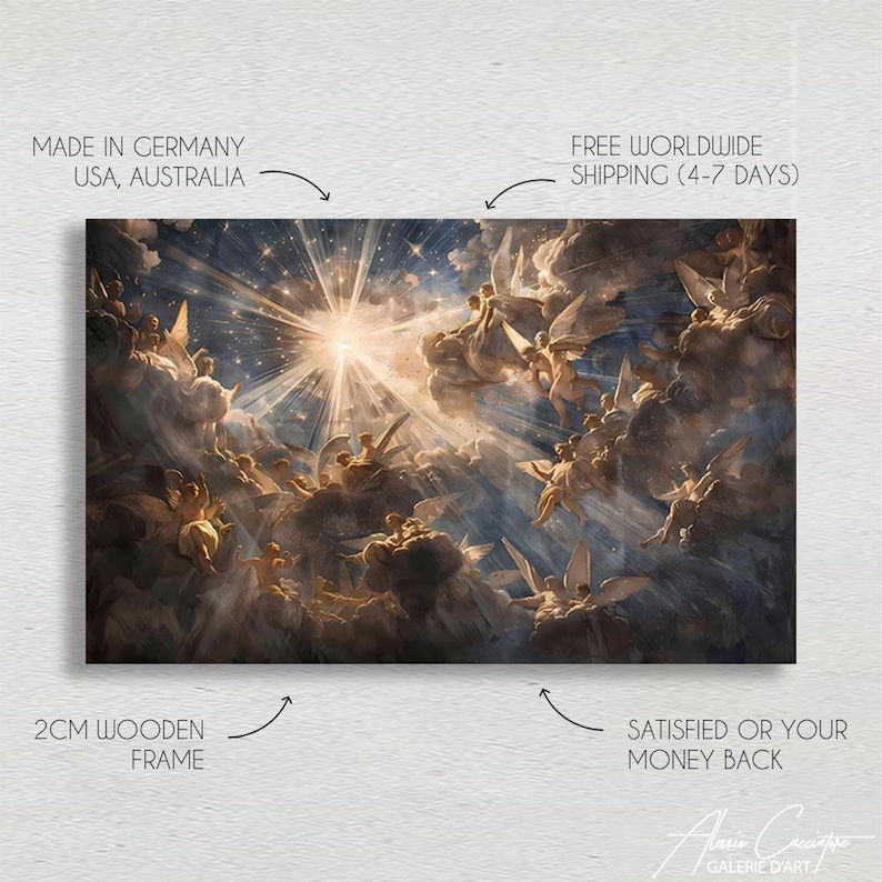 May include: A painting depicting a celestial scene with angels and a bright light shining from the centre. The painting is framed with a 2 cm wooden frame.