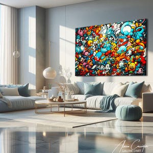 Explosive street art and doodle style canvas print packed with a chaotic collage of original cartoon characters and imaginative round creatures in a joyful, dense composition. Vivid turquoise, orange, red, yellow and white tones with bold outlines and urban graffiti energy. Perfect colorful wall art for a kids room, teen bedroom, living room, or games room, and an ideal gift for street art lovers, cartoon fans, and maximalist decor enthusiasts.