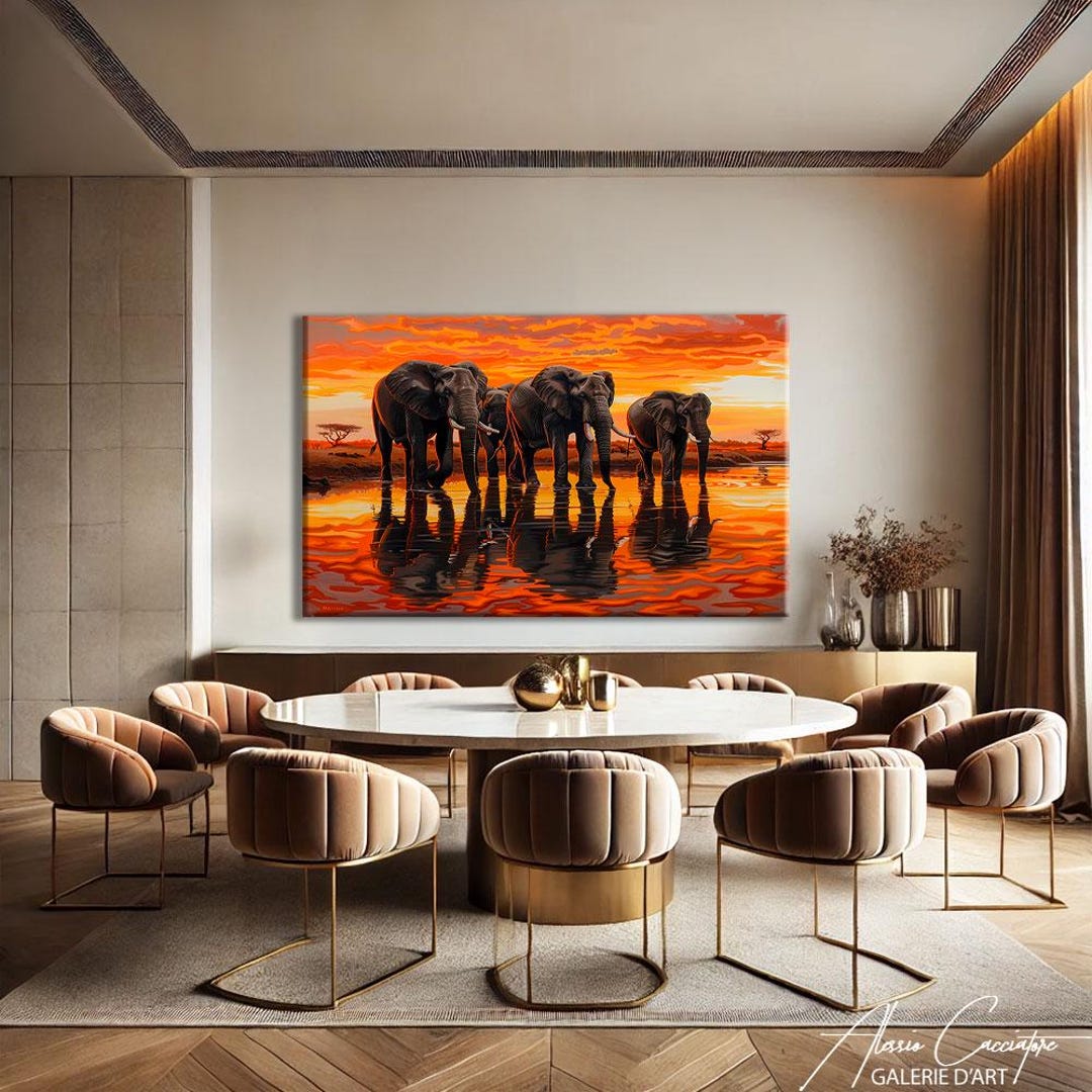 Elephant Wall Art Framed, African Art Canvas Large, Sunset Print ...
