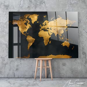 World Map Decor Framed, Tempered Glass Wall Art Abstract, World Map Wall Art, Acrylic Glass Art, Adventure Gift For Him, Above Bed Decor