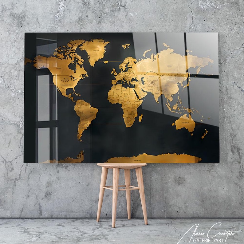 World Map Decor Framed, Tempered Glass Wall Art Abstract, World Map Wall Art, Acrylic Glass Art, Adventure Gift For Him, Above Bed Decor