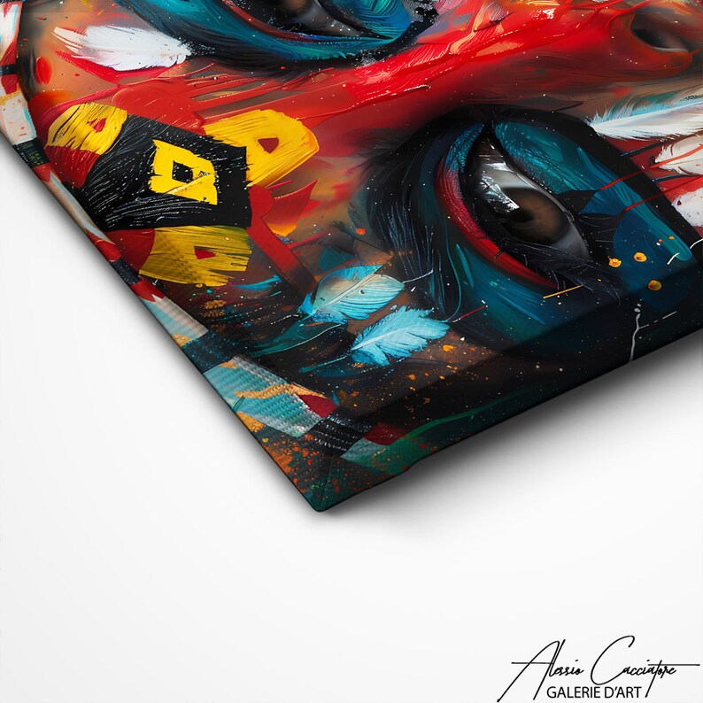 Peut inclure: Peinture abstraite d'un visage aux couleurs vives, notamment rouge, jaune, bleu et noir. Le visage a de grands yeux et des plumes peintes autour.