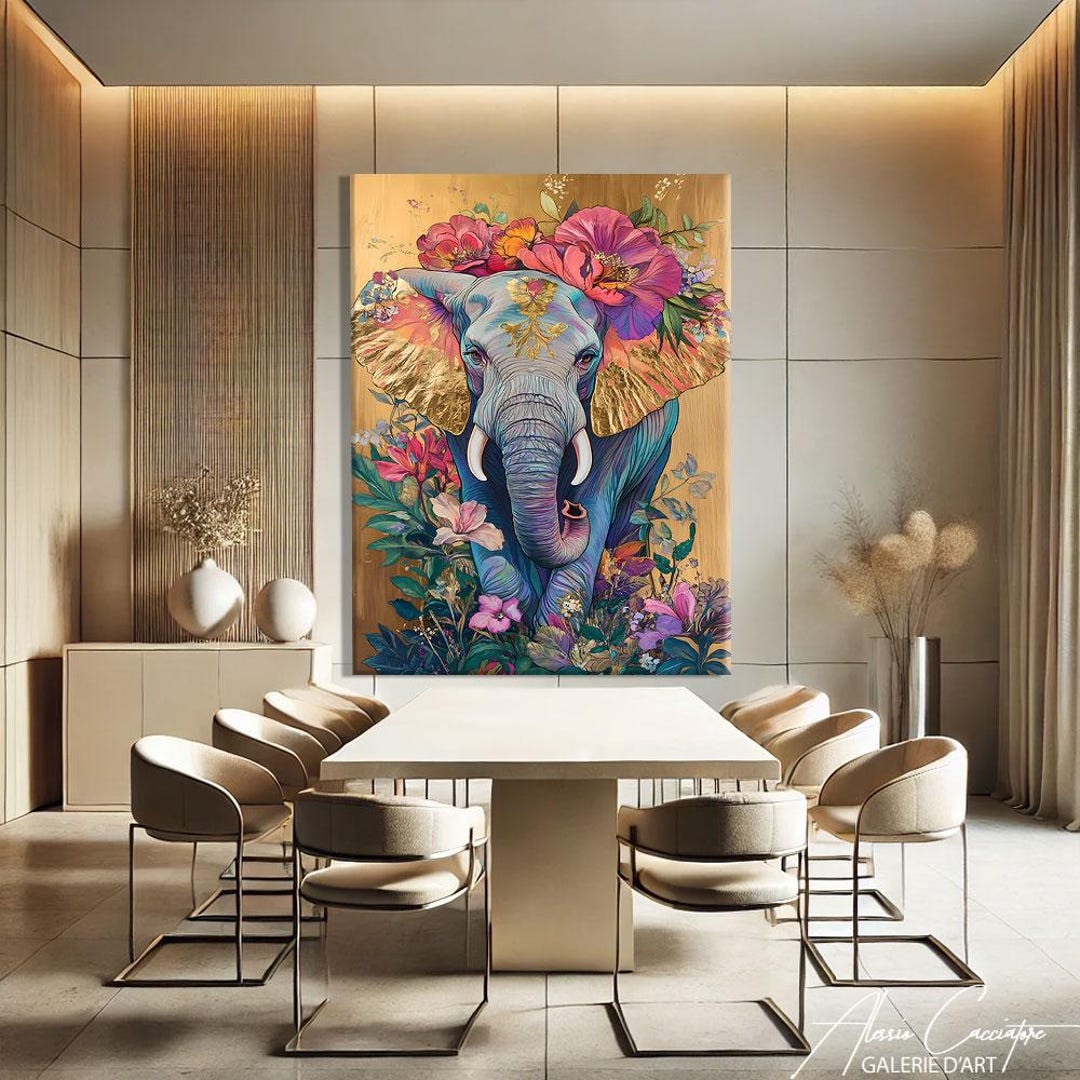 Floral Wall Art Canvas, Modern Elephant Art Print, Chic Home Decor ...