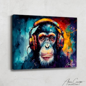 Tela con cuffie scimmia, stampa pittura pop art, stampa graffiti, grande arte murale colorata, decorazione murale pop art sopra il letto, arte animale colorata