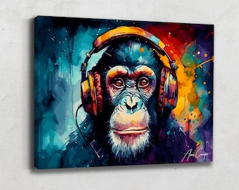 Monkey Headphones Canvas, Pop Art Painting Print, Graffiti Print, Large Colorful Wall Art, Pop Art Wall Decor Over Bed, Colorful Animal Art