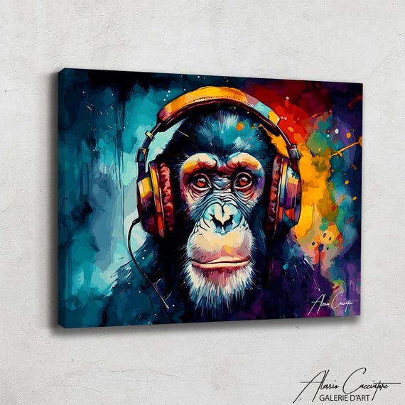 Monkey Headphones Canvas, Pop Art Painting Print, Graffiti