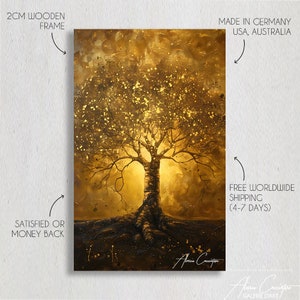 Peut inclure: Une peinture abstraite dor&eacute;e d'un arbre avec un tronc &eacute;pais et des branches qui s'&eacute;tendent vers une lumi&egrave;re vive. L'arri&egrave;re-plan est brun fonc&eacute; avec des paillettes dor&eacute;es. La peinture est encadr&eacute;e dans un cadre en bois de 2 cm.