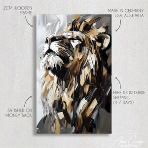 May include: Abstract art print of a lion's head in shades of brown, beige, and gray. The artwork is on a 2cm wooden frame. The text on the image says "Made in Germany, USA, Australia" and "Satisfied or Money Back".