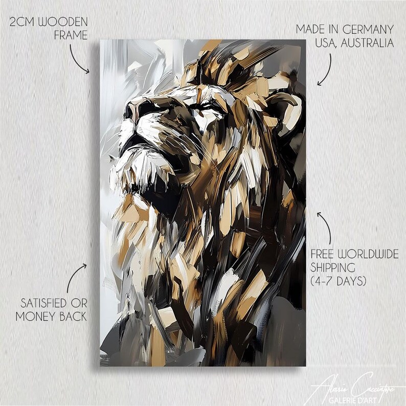 May include: Abstract art print of a lion's head in shades of brown, beige, and gray. The artwork is on a 2cm wooden frame. The text on the image says "Made in Germany, USA, Australia" and "Satisfied or Money Back".
