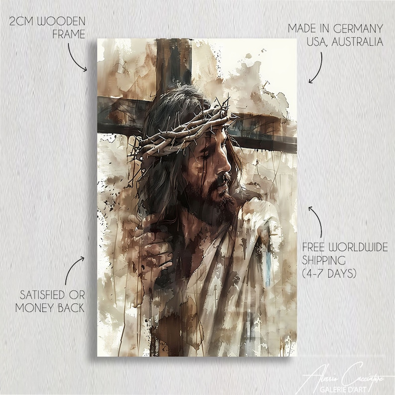May include: A watercolor painting of Jesus Christ on the cross. The painting is in shades of brown and beige, with a crown of thorns on Jesus' head. The painting is framed in a 2-inch wooden frame.