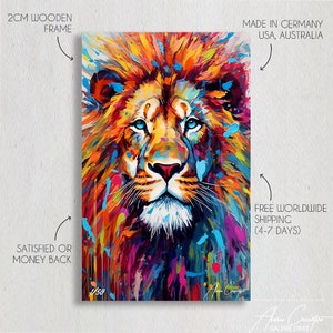 May include: A colourful abstract painting of a lion's face with splashes of paint in shades of blue, orange, yellow, pink, and green. The painting is signed "AC" and numbered "1/50".