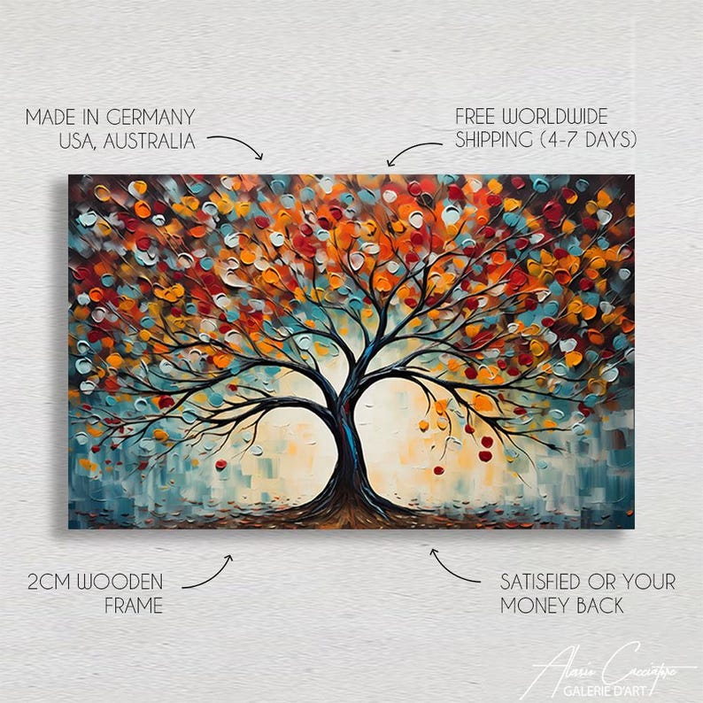 May include: An abstract painting of a tree with a black trunk and branches, and colorful leaves in shades of orange, red, and yellow. The background has blue and beige brushstrokes. The artwork is framed with a 2cm wooden frame.