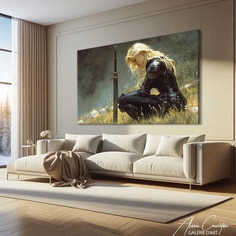 This female knight wall art portrays a powerful warrior woman in a moment of quiet reflection, kneeling beside her sword. Blending strength and vulnerability, this fantasy canvas captures courage, resilience, and inner determination. With a moody atmosphere and cinematic lighting, this artwork creates an emotional and inspiring focal point, perfect for adding depth and character to any interior.