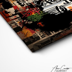 May include: Abstract art print with a collage of newspaper clippings, graffiti, and bold colours. The artwork features a black central shape with red, green, and orange accents. The print is signed by the artist, Alario Cacciatore.