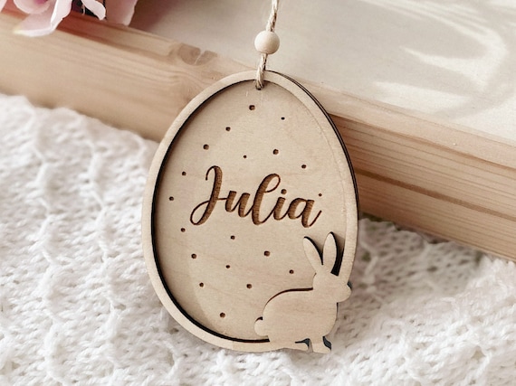 Easter Egg with Name, Custom Wooden Basket Decoration, Personalized Easter Pendant