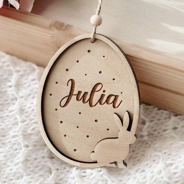 Easter Egg with Name, Custom Wooden Basket Decoration, Personalized Easter Pendant