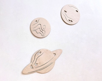 Drie houten planeten, Kosmos-decoratie, Wanddecoratie kinderkamer, Drei Holzplaneten, Kinderkamerdecoratie, Kinderzimmerdecoratie, Babyzimmerdecoratie,