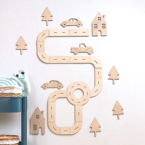 Wegbaan met auto's, transportmuurdecoratie, houten puzzel, jongens speelkamerdecoratie, kinderkamer, kinderzimmer decoratie