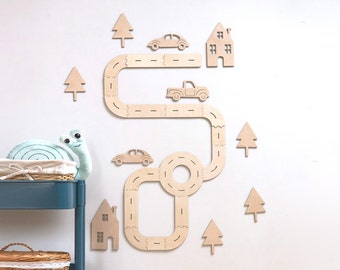 Piste de route avec voitures, décoration murale de transport, puzzle en bois, décoration de salle de jeux de garçons, chambre d'enfants, décoration d'école maternelle
