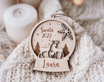 Aangepaste sneeuwbol kerstornament met hertenfamilie, gepersonaliseerde kerstbal met naam, eerste kerstaandenken, Weihnachtskugel mit Namen