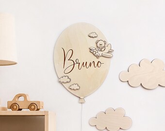 Personalized Balloon Name Sign, Kids Room Decoration, Baby Room Wall Art, Teddy Bear Door Sign, Ballon Namensschild, Kinderzimmer Holzschild