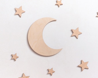 Mond aus Holz mit Sternen, Wanddekoration für Kinderzimmer, Wanddeko für Mädchen, Kinderzimmer