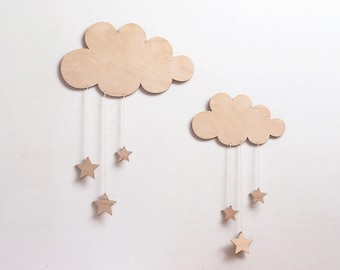 Nuages en bois avec étoiles, Décoration de pépinière, Tentures murales dans les nuages, Décor de chambre d’enfants, Wolken mit Sternen aus Holz, Babyzimmer Dekorationen