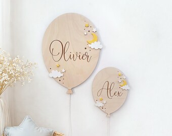 Balloon Wall Decor with Name, Custom Door Sign, Personalized Kids Room Decoration, Ballon Namensschild, Kinderzimmer Holzschild