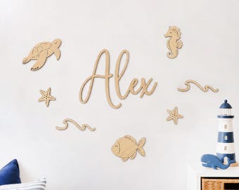 Wooden Baby Name Sign, Custom Nursery Inscription, Personalized Kids Room Decor, Ocean Wall Art, Sea Animals, Babyzimmer Name Schriftzug