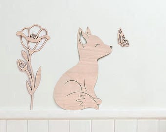 Wooden Fox Decoration with Bird or Butterfly, Nursery Animal Decor, Kids Bedroom Wall Art, Baby Room, Kinderzimmerdekoration, Fuchs aus Holz