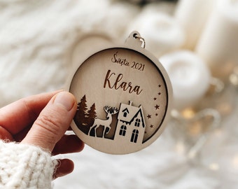 Pallina di Natale personalizzata con casa invernale, ornamenti natalizi, decorazione personalizzata dell'albero di Natale, Weihnachtskugel mit Namen, ornamento con nome