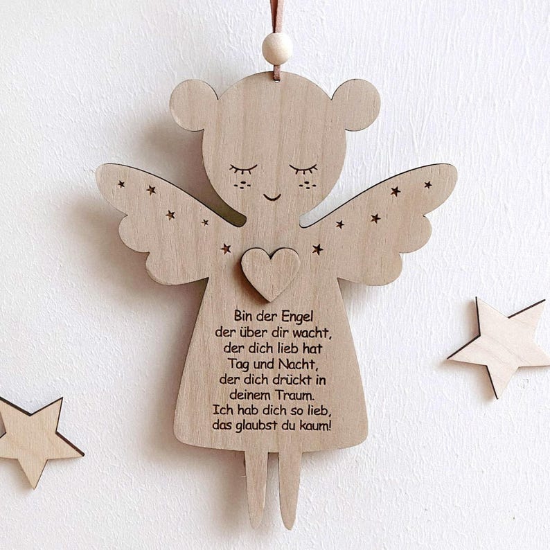 Ángel de la Guarda con Oración, Regalo de Bautismo, Engel mit Gebet, Geschenk Taufe, Schutzengel aus Holz, Engel Anhänger, Patenkind Geschenk imagen 6