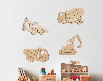 Vehicle Wall Decor, Construction Kids Room Decoration, Wooden Car for Boys Room, Truck Excavator Nursery Wall Art, Kinderzimmer Auto Dekor