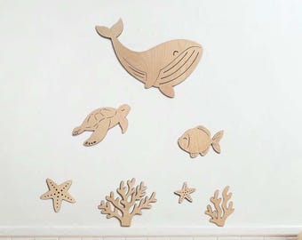 Ocean Underwater World Wall Decor, Wooden Sea Animals, Whale and Turtle, Nautical Kids Room Decoration, Meerestiere Kinderzimmer Dekoration