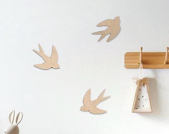 Decoración de pared de golondrina de madera, decoración del hogar de pájaros, arte infantil, decoración de la habitación para niños, sala de estar boho, decoración de kindergarten, Vögel aus Holz