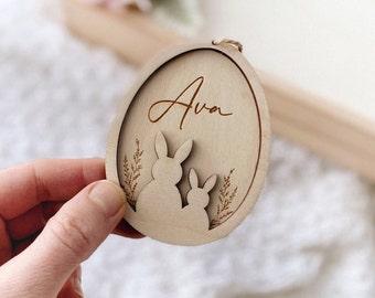 Personalized Easter Egg with Bunnies, Personalisierte Ostereier, Ostern Anhänger, Osteranhänger mit Name, Ostergeschenk, Osterkörbchen