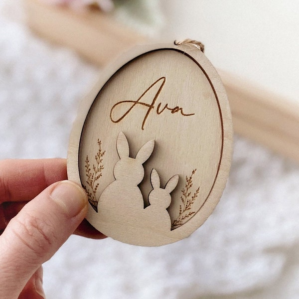 Personalized Easter Egg with Bunnies, Personalisierte Ostereier, Ostern Anhänger, Osteranhänger mit Name, Ostergeschenk, Osterkörbchen