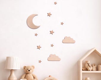 Decoración de luna y estrellas, arte de pared para habitación infantil, decoración de guardería con nubes, diseño de habitación infantil
