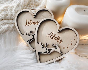 Personalized Christmas Heart Ornament with Santa Claus, Custom Baby First Bauble, Xmas Keepsake, Family Gift Idea, Weihnachtskugel mit Namen