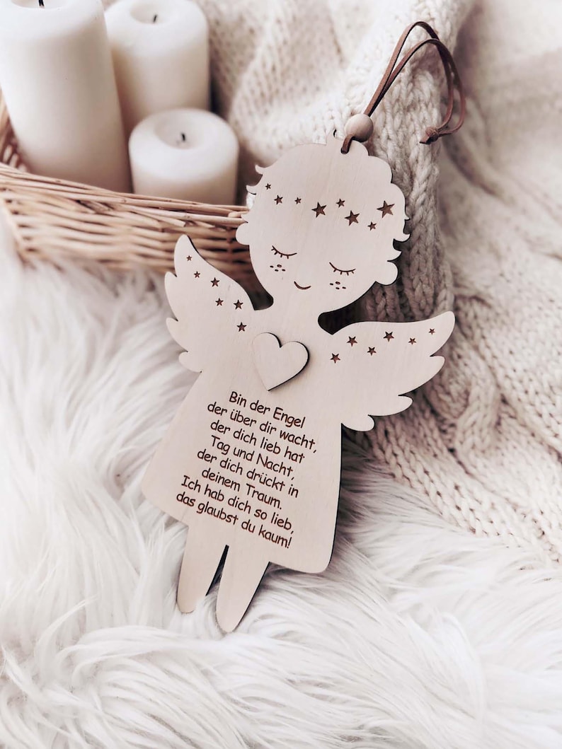 Ángel de la Guarda con Oración, Regalo de Bautismo, Engel mit Gebet, Geschenk Taufe, Schutzengel aus Holz, Engel Anhänger, Patenkind Geschenk Boy