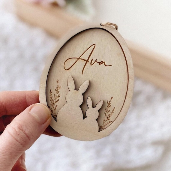 Personalized Easter Egg with Bunnies, Custom Easter Tag, Baby Gift, Wooden Basket Decor, Personalisierte Ostereier, Osteranhänger mit Name