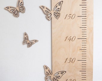 Houten groeimeter met vlinders, Messlatte für Kinder mit mit Schmetterlinge aus Holz für Kinderzimmer, Hoogtemeting voor kinderen