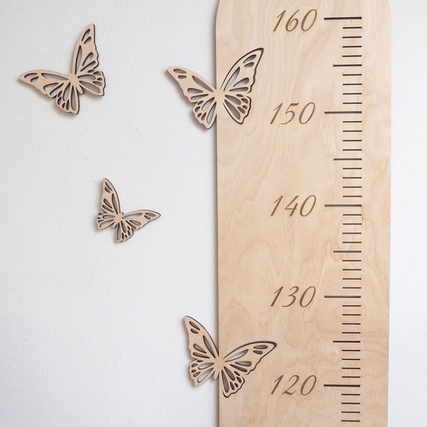Tabla de crecimiento de madera con mariposas, Messlatte für Kinder mit mit Schmetterlinge aus Holz für Kinderzimmer, Medición de altura para niños