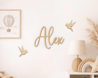 Personalized  Name Sign, Birds Wall Decoration, Custom Nursery Inscription, Kids Room Animal Decor, Namensschriftzug aus Holz, Namensschild