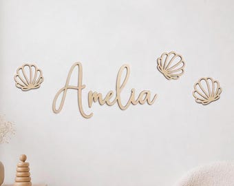 Personalized Wooden Name Sign, Seashell Wall Art, Nautical Nursery Decoration, Custom Girls Room Ocean Decor, Babyzimmer Name Schriftzug