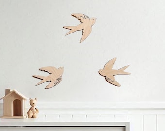 Wooden birds, Wooden Swallows Kids Room Decor, Nursery Woodland Wall Art, Schwalben aus Holz, Vögel Kinderzimmer Dekoration, Babyzimmer Deko